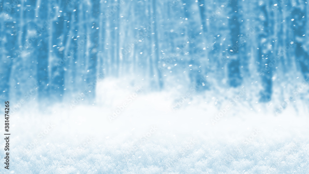 Blizzard in the winter forest, festive winter background with snow