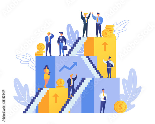 Career and people on stairs go up, development or ladder in business flat vector illustration. Corporate goal, success and achievement. Ladder up in career. Progress and oportunity in work or job.