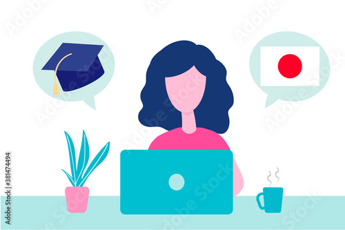 Online Japanese learning, distance education, learn concept. Language training and courses. Woman student studies foreign languages on a website in a laptop. Vector in flat design.