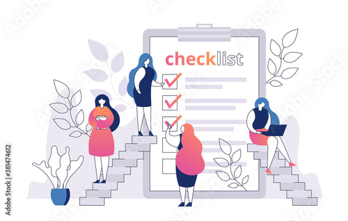 Woman with checklist on paper sheet vector illustration. Shopping list. Template for product purchase. Female checking blank with mark. Inventory check. Task or questionaire form.