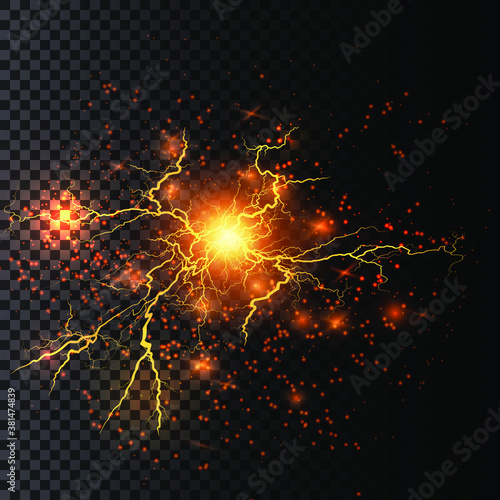 Lightning flash light thunder sparks on a transparent background.Fire and ice fractal lightning, plasma power backgroundvector illustration. Lightning PNG.	