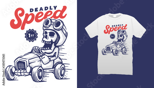 Skull driving a racing car tshirt design