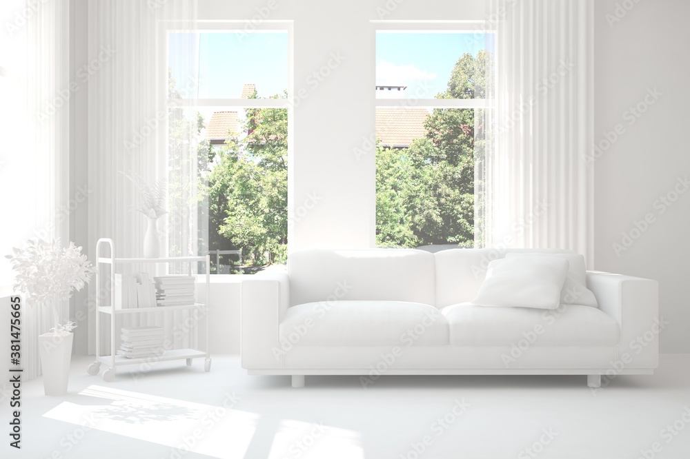 White living room with sofa and summer landscape in window. Scandinavian interior design. 3D illustration White living room with sofa and summer landscape in window. Scandinavian interior design. 3D illustration