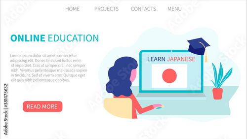 Landing page template. OOnline Japanese learning, distance education concept. Language training and courses. Woman student studies foreign languages on a website in a laptop. Vector in flat design.
