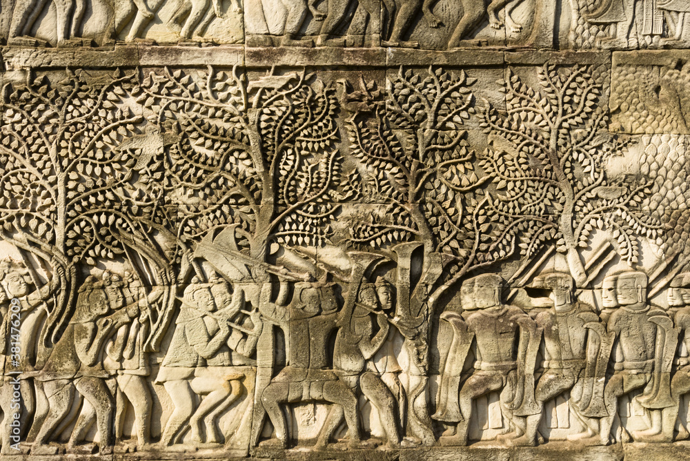 Bas reliefs depicting the battle between Khmer and the Chams at Bayon temple, Angkor, Siem reap, Cambodia