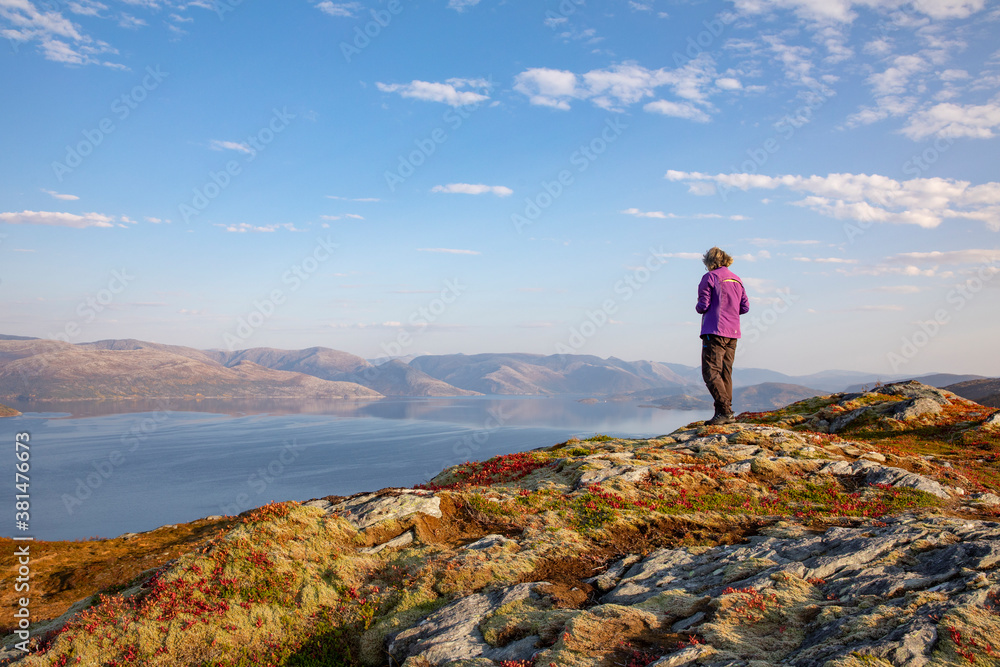 Naklejka premium Woman hiking in the mountains, Northern Norway