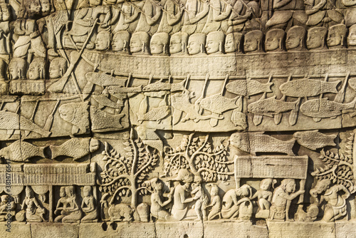 Bas reliefs depicting the naval battle between Khmer and the Chams at Bayon temple, Angkor, Siem reap, Cambodia