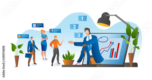 Online conference, business video meeting, task vector illustration. Businessman on computer screen taking with colleague. Videoconferencing and online meeting workspace. Conferee communication.