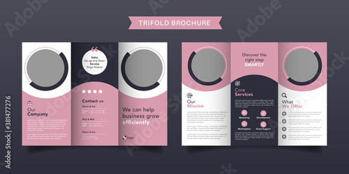Corporate business trifold brochure template. Modern, Creative and Professional tri fold brochure vector design. Simple and minimalist promotion layout with pink and purple color.