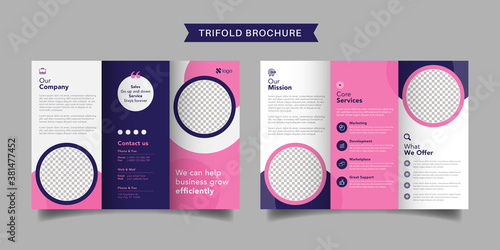 Corporate business trifold brochure template. Modern, Creative and Professional tri fold brochure vector design. Simple and minimalist promotion layout with pink and purple color.