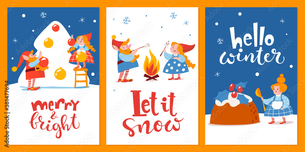 Set of three Cartoon Christmas hygge cards with funny gnomes and lettering.