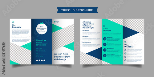 Corporate business trifold brochure template. Modern, Creative and Professional tri fold brochure vector design. Simple and minimalist promotion layout with blue color.