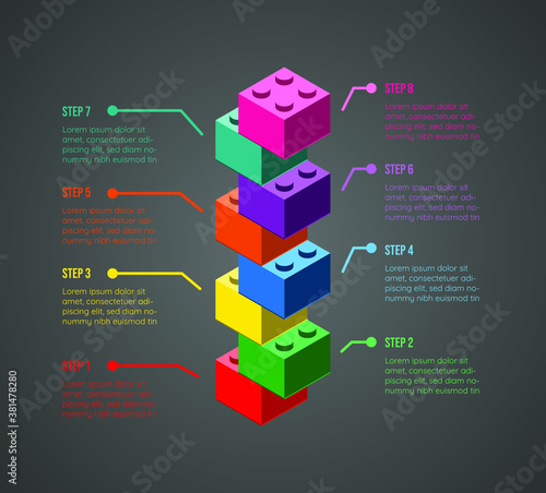 Colorful vector infographic with toy building blocks on a gray background. Eight step infographic.