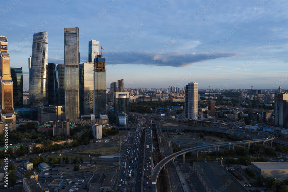 high-speed road near Moscow-city skyscrapers
