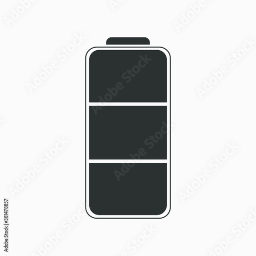 A minimalistic black vector icon of the full battery with three levels on white background, battery charge icon, full mobile battery.