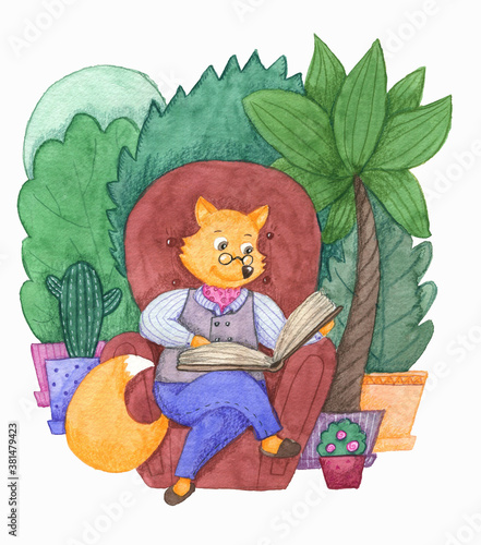 Fox reading book at home garden