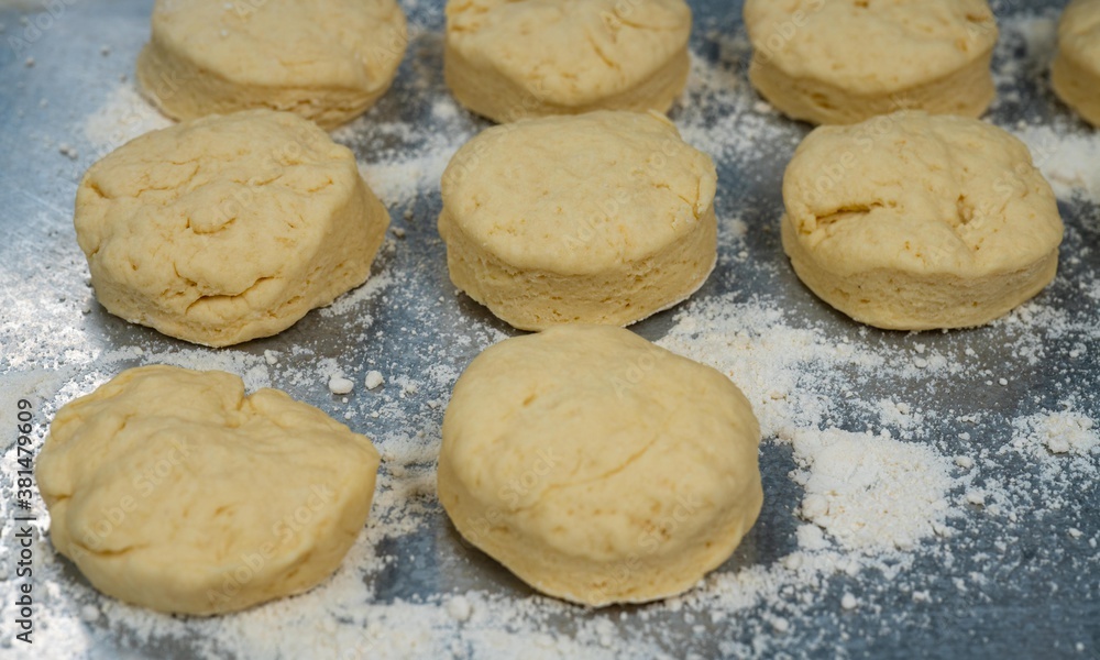Fresh home made and hand made biscuits ready to go in the oven.