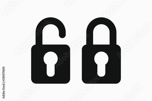 Black vector icon of a lock on white background. Locked and unlocked padlock.