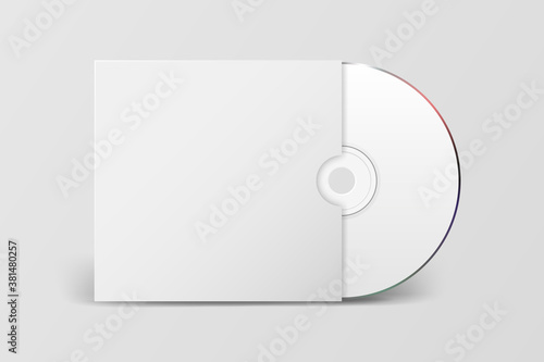 Vector 3d Realistic White CD, DVD with Paper Cover Box Closeup Isolated on White Background. Design Template for Mockup. CD Packaging Copy Space. Front View