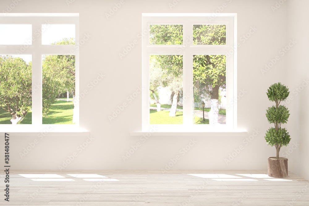Fototapeta premium White empty room with summer landscape in window. Scandinavian interior design. 3D illustration