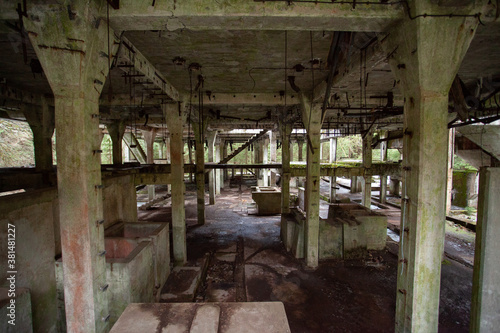 Nazis  factory hidden in the forest. Factory on tin falls into ruin. Old buildings in the Czech forest.