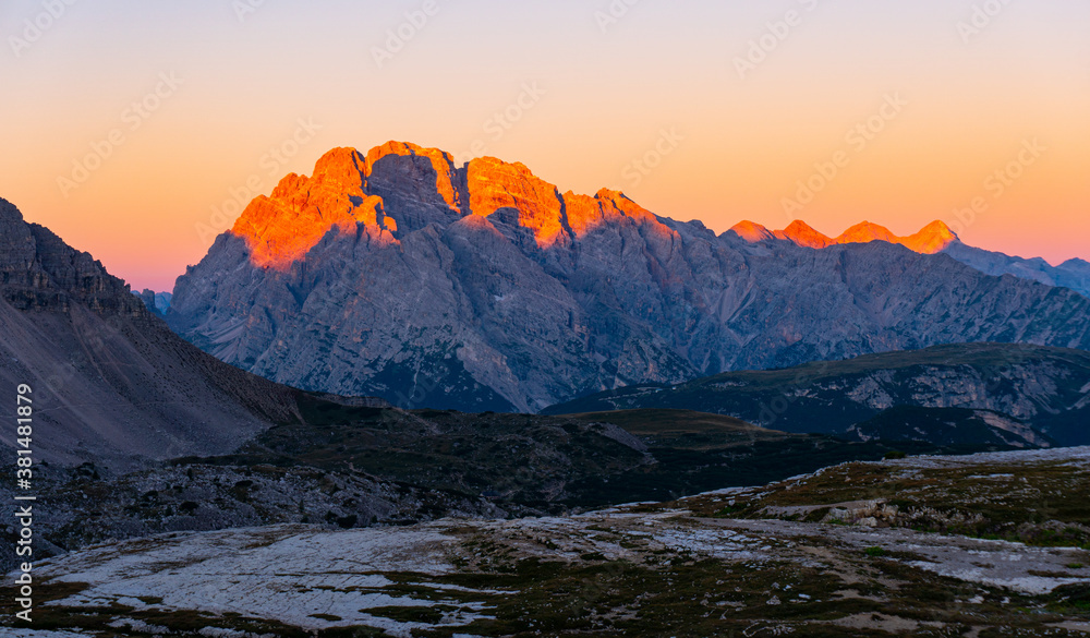 Sunrise in the Dolomites, beautiful colours and a chilled atmosphere early in the morning in South Tyrol, Italy