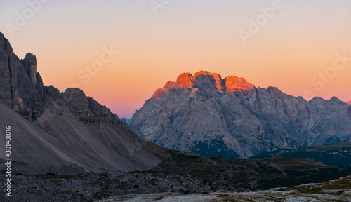 Sunrise in the Dolomites, beautiful colours and a chilled atmosphere early in the morning in South Tyrol, Italy
