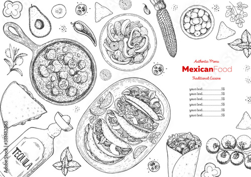 Mexican food top view frame. A set of classic mexican dishes with tacos, burrito, quesadillas, fajitas. Food menu design template. Vintage hand drawn sketch vector illustration. Mexican cuisine.
