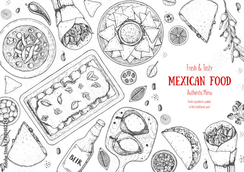 Mexican food top view frame. A set of classic mexican dishes with tacos, burrito, nachos, enchiladas poblano. Food menu design template. Vintage hand drawn sketch vector illustration. Mexican cuisine.