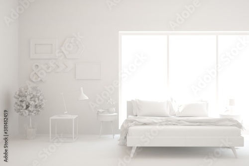 Modern bedroom in white color. Scandinavian interior design. 3D illustration