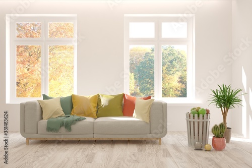Wallpaper Mural Stylish room in white color with sofa and autumn landscape in window. Scandinavian interior design. 3D illustration Torontodigital.ca
