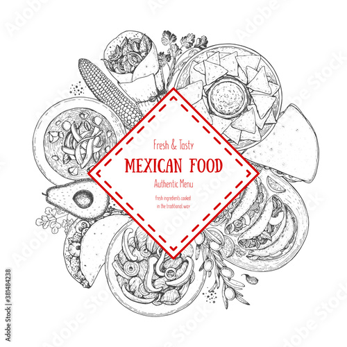 Mexican food vector label. A set of classic mexican dishes with . Food menu design template. Vintage hand drawn sketch vector illustration. Mexican cuisine engraved image.