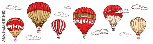 Hot air balloons flying. Hand drawn illustration	