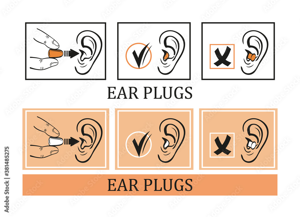 Protective earplugs from loud noise vector icon set. Instruction for correct using foam ear plugs. Safe protect against extraneous sound during travel airplane, sleep.  Template for packaging design