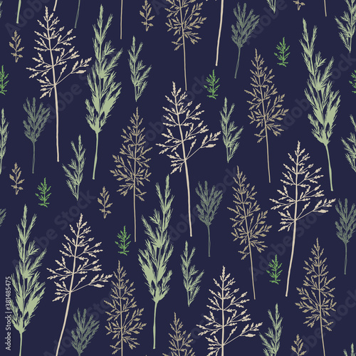 Seamless pattern of different types of field herbs and branches. For paper, covers, fabric, gift wrapping, wall painting, decorative interior design. Vector design.