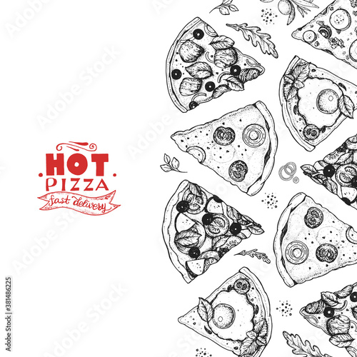 Italian pizza top view . Italian food menu design template. Vintage hand drawn sketch, vector illustration. Engraved style illustration. Pizza label for menu.