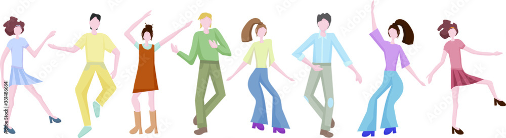 young men and women dancing together at a party or disco. It's time to relax and get some rest. Fun to celebrate a holiday or birthday. Dance moves, activity, entertainment. Flat design young men and women dancing together at a party or disco. It's time to relax and get some rest. Fun to celebrate a holiday or birthday. Dance moves, activity, entertainment. Flat design