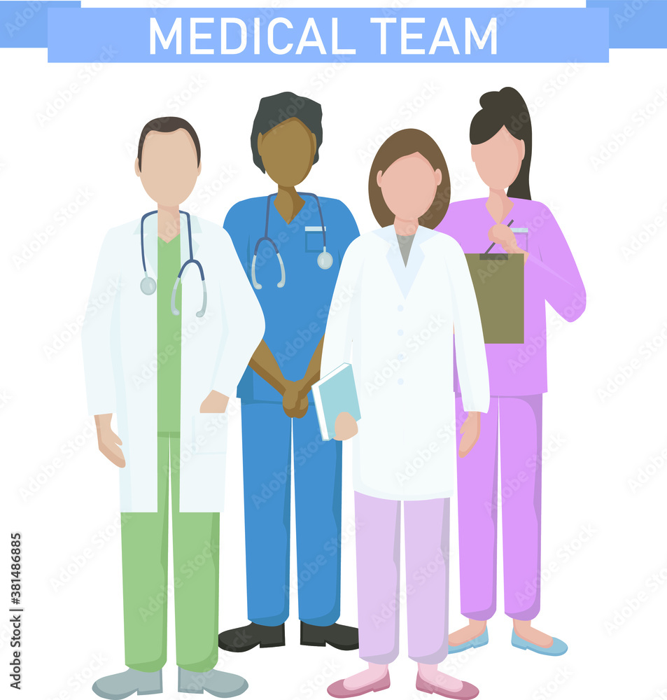 A team of doctors and nurses in uniform, hospital medical staff with stethoscopes in different positions. The concept of medical care and assistance to people. Vector flat illustration. A team of doctors and nurses in uniform, hospital medical staff with stethoscopes in different positions. The concept of medical care and assistance to people. Vector flat illustration.