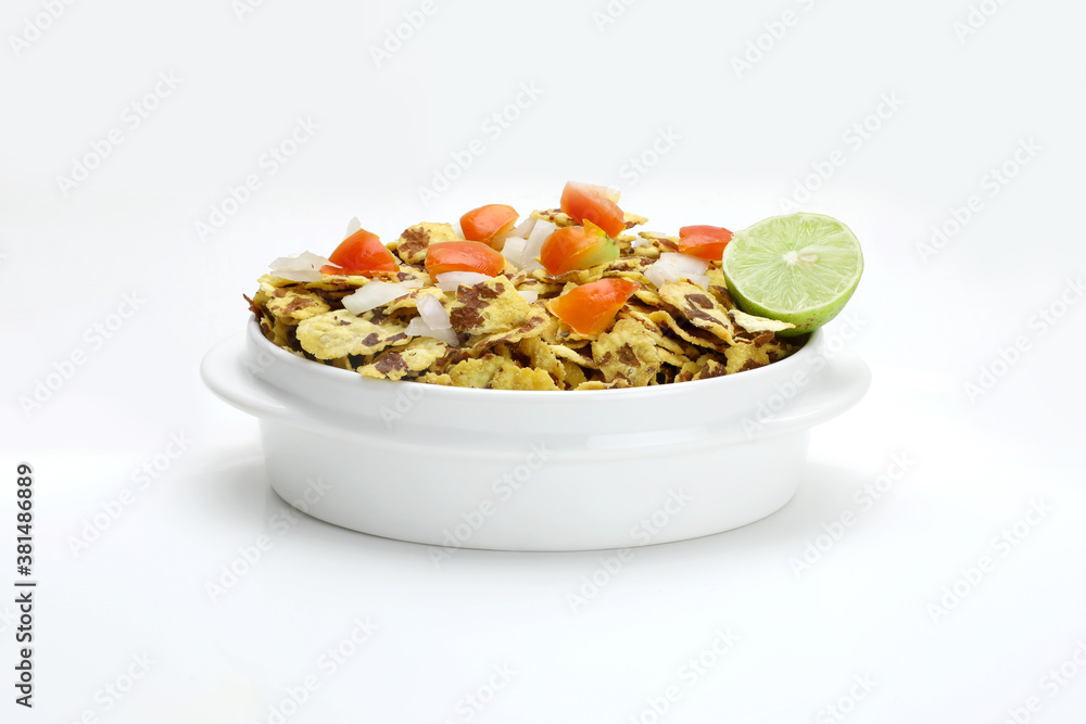 Indian snacks chana chor/jor garam in white bowl in white background. Indian snacks chana chor/jor garam in white bowl in white background.
