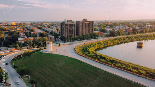 Photography Aerial view of Baltimore City Druid Hill Lake at Sunset