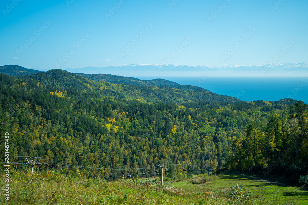 Landscape with a view of the cable car and lake Baikal.