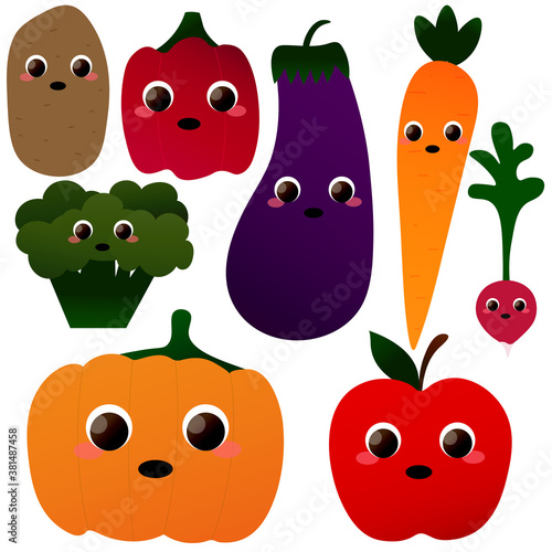 Set of cute vegetables characters - eggplant, radish, potato, pumpkin, carrot, pepper, broccoli and apple