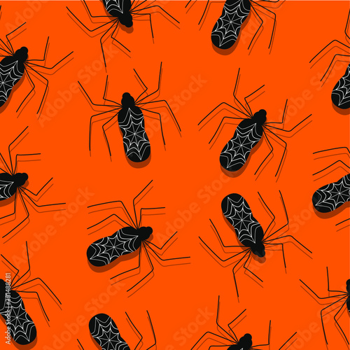 Halloween pattern black spiders on orange background