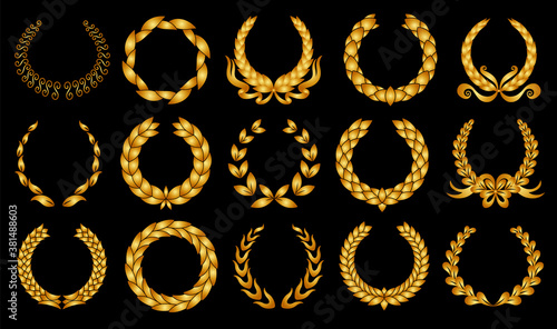 Golden laurel wreath. Collection of different black circular laurel, olive, wheat wreaths depicting an award, achievement, heraldry, nobility. Vector premium insignia, traditional victory symbol