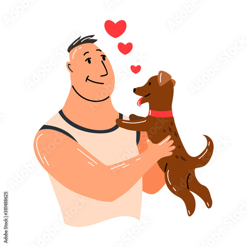 People and pet. Dog pet owner character. Man holding on hands his dog. Man love his animal. Cute and adorable domestic animal