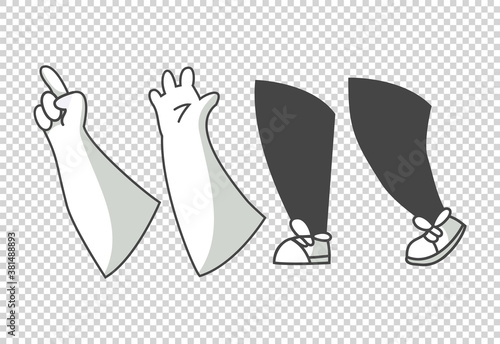 Cartoon lags and hands. Clipart arms in different poses. Various hands with different gesture. Vector walking feet. Legs in boots and gloved hands
