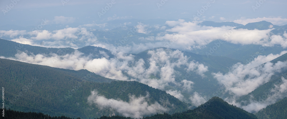 Fototapeta premium Summer misty and cloudy morning mountain tops with low clouds. Marmaros Carpathian, Ukraine.