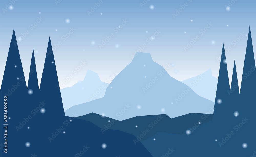 Vector of winter scene, white snow, mountains and blue sky. Vector of winter scene, white snow, mountains and blue sky.