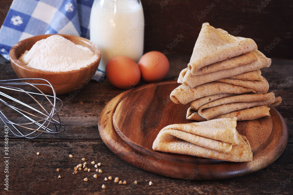French cuisine. Breton buckwheat crepes and ingredients French cuisine. Breton buckwheat crepes and ingredients