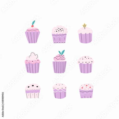 Vector set of different cupcakes, muffins with berries, cream, confetti and other decorations. Bundle of various bakery, confectionery stuff. Cartoon hand drawn flat style. 